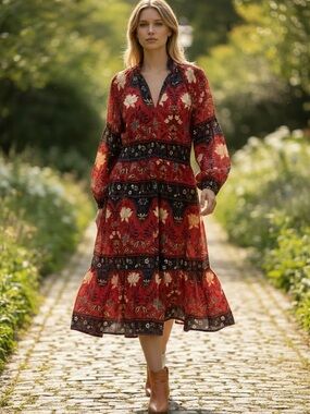 LOFT Red Floral V-Neck Tiered Midi Dress